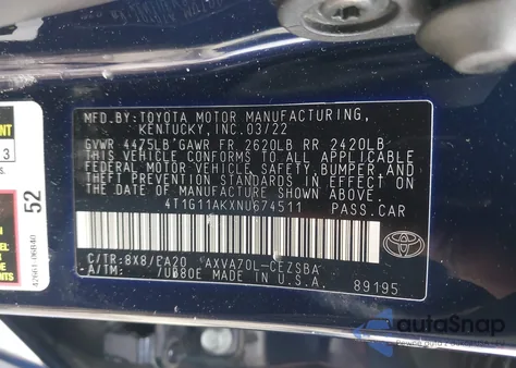 2022 Toyota Camry Se from USA, damaged, VIN 4T1G11AKXNU674511